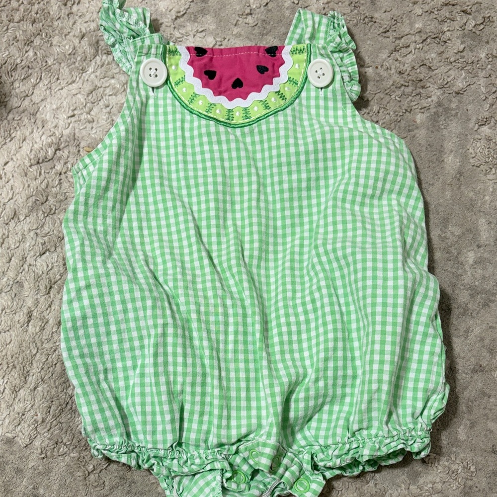 Starting Out Mint Gingham Baby Romper with Fruit Detail